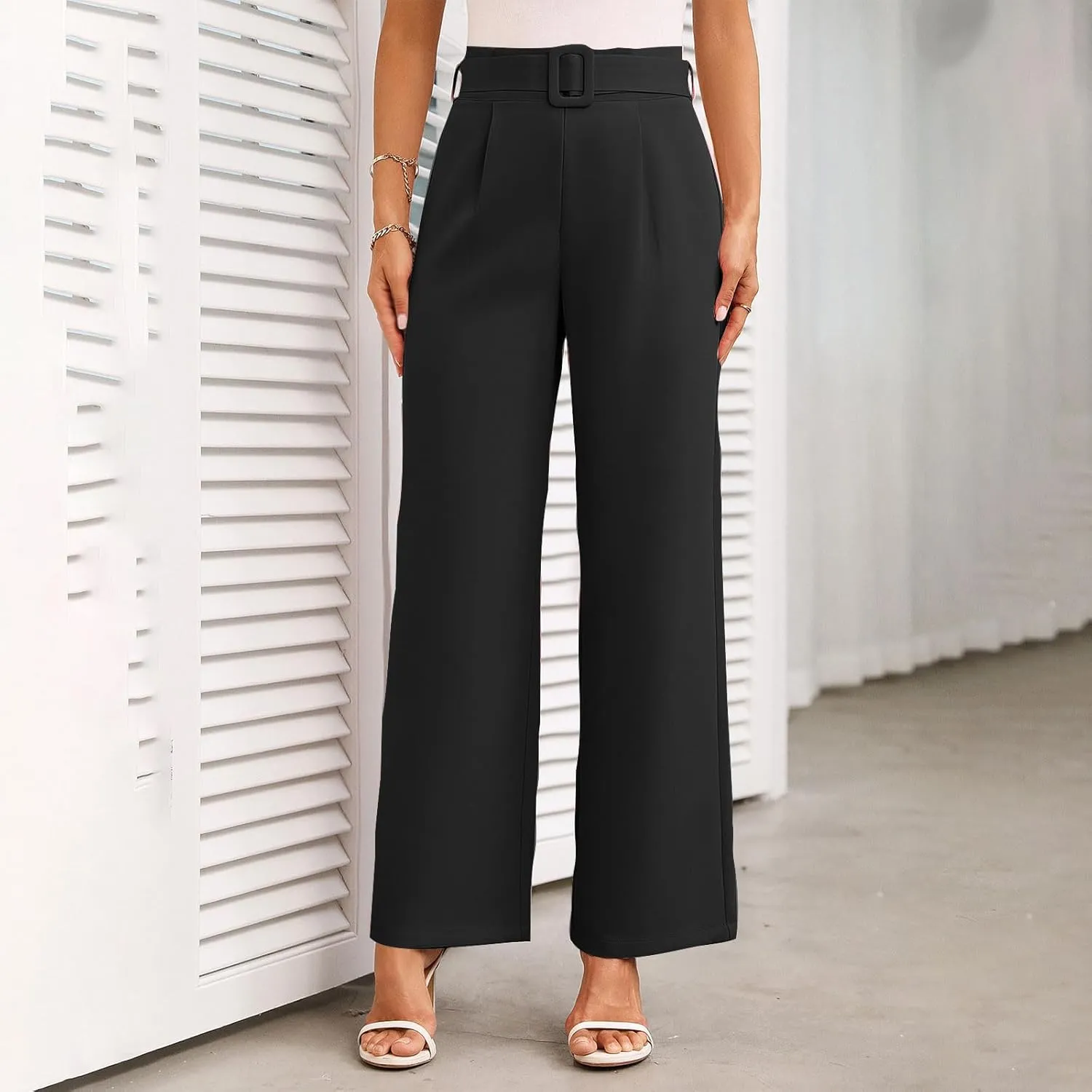 Women Casual Pleated Straight Suit Pants High Waist Loose Fit Dress Pants Solid Color Wide Leg Trousers with Belt