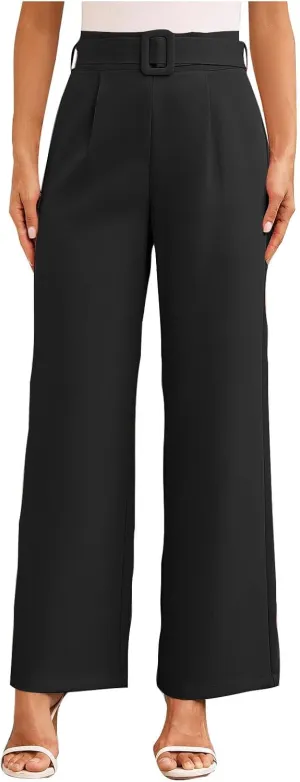 Women Casual Pleated Straight Suit Pants High Waist Loose Fit Dress Pants Solid Color Wide Leg Trousers with Belt