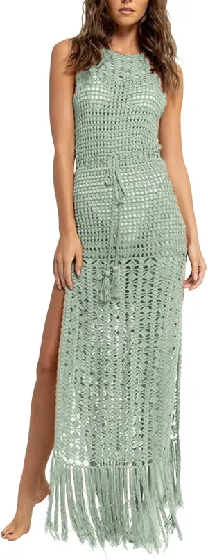 Women Crochet Knit Dress Hollow Out 2024 Boho Summer Bathing Suits Coverups Sexy V Neck Short Sleeve Dress