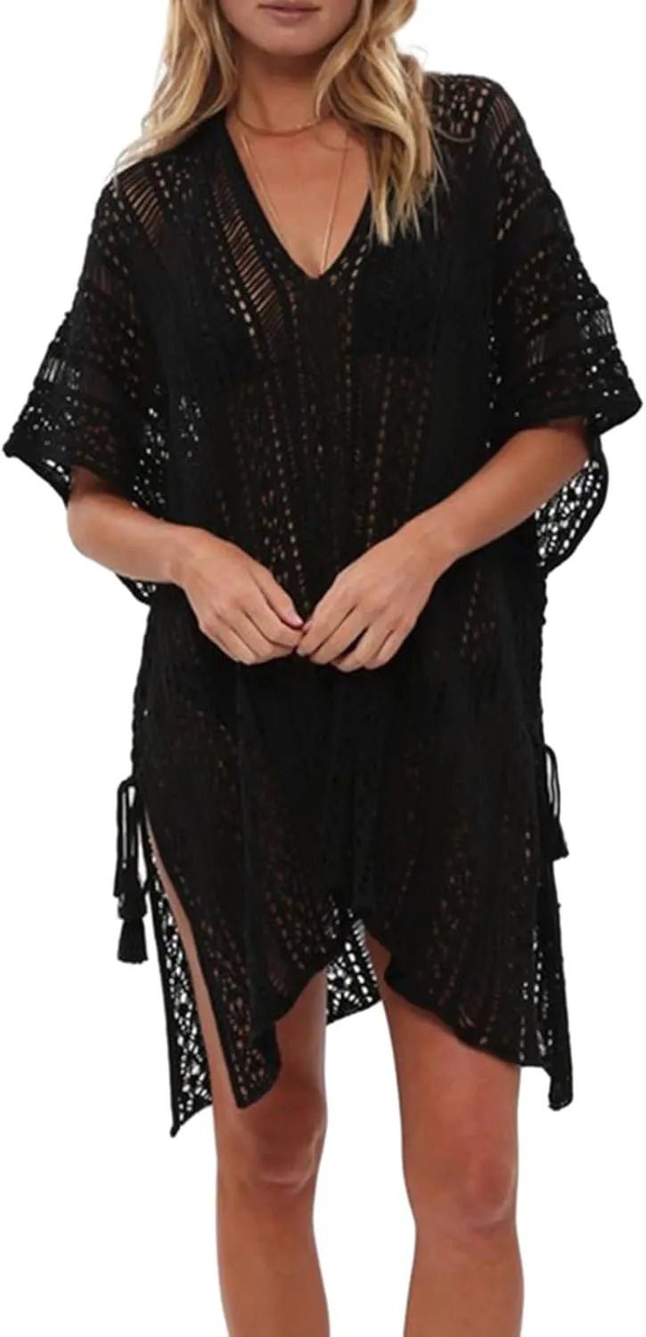 Women Crochet Knit Dress Hollow Out 2024 Boho Summer Bathing Suits Coverups Sexy V Neck Short Sleeve Dress