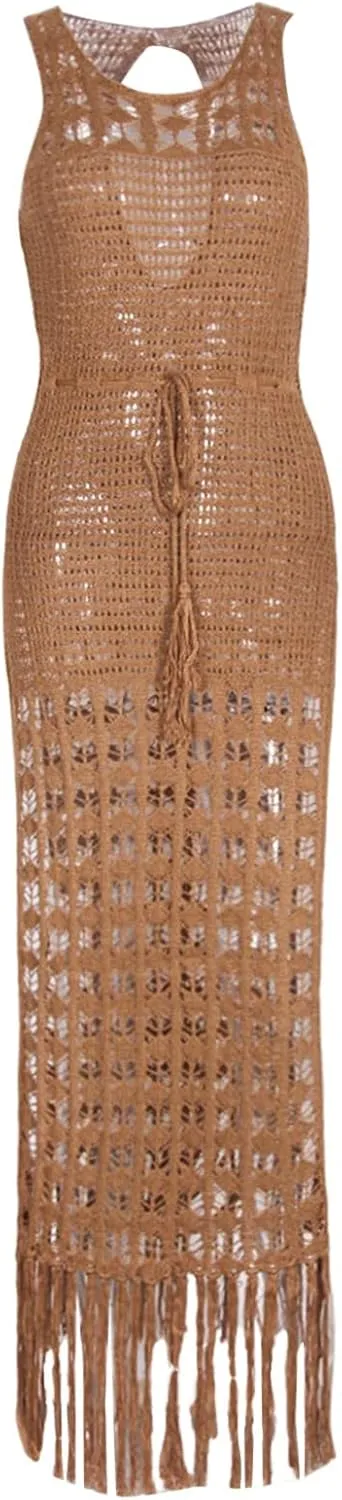 Women Crochet Knit Dress Hollow Out 2024 Boho Summer Bathing Suits Coverups Sexy V Neck Short Sleeve Dress