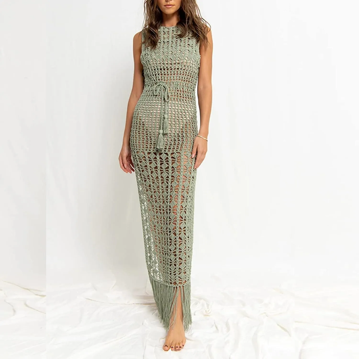 Women Crochet Knit Dress Hollow Out 2024 Boho Summer Bathing Suits Coverups Sexy V Neck Short Sleeve Dress