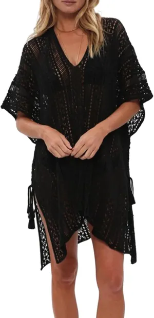 Women Crochet Knit Dress Hollow Out 2024 Boho Summer Bathing Suits Coverups Sexy V Neck Short Sleeve Dress