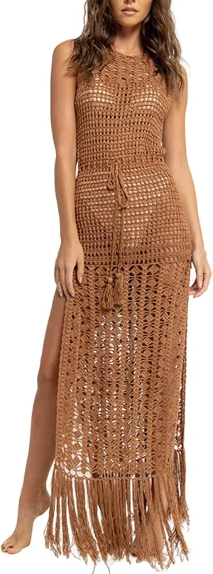 Women Crochet Knit Dress Hollow Out 2024 Boho Summer Bathing Suits Coverups Sexy V Neck Short Sleeve Dress