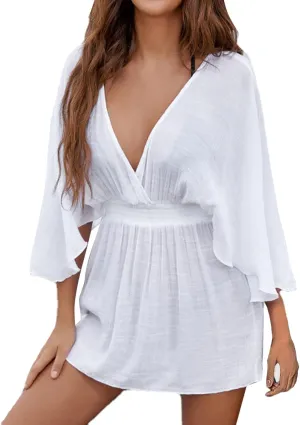 Women Crochet Knit Dress Hollow Out 2024 Boho Summer Bathing Suits Coverups Sexy V Neck Short Sleeve Dress