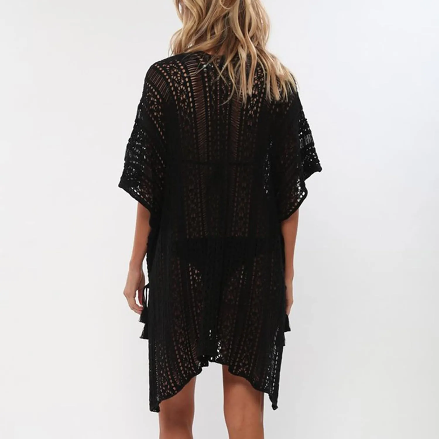 Women Crochet Knit Dress Hollow Out 2024 Boho Summer Bathing Suits Coverups Sexy V Neck Short Sleeve Dress
