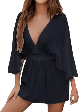 Women Crochet Knit Dress Hollow Out 2024 Boho Summer Bathing Suits Coverups Sexy V Neck Short Sleeve Dress