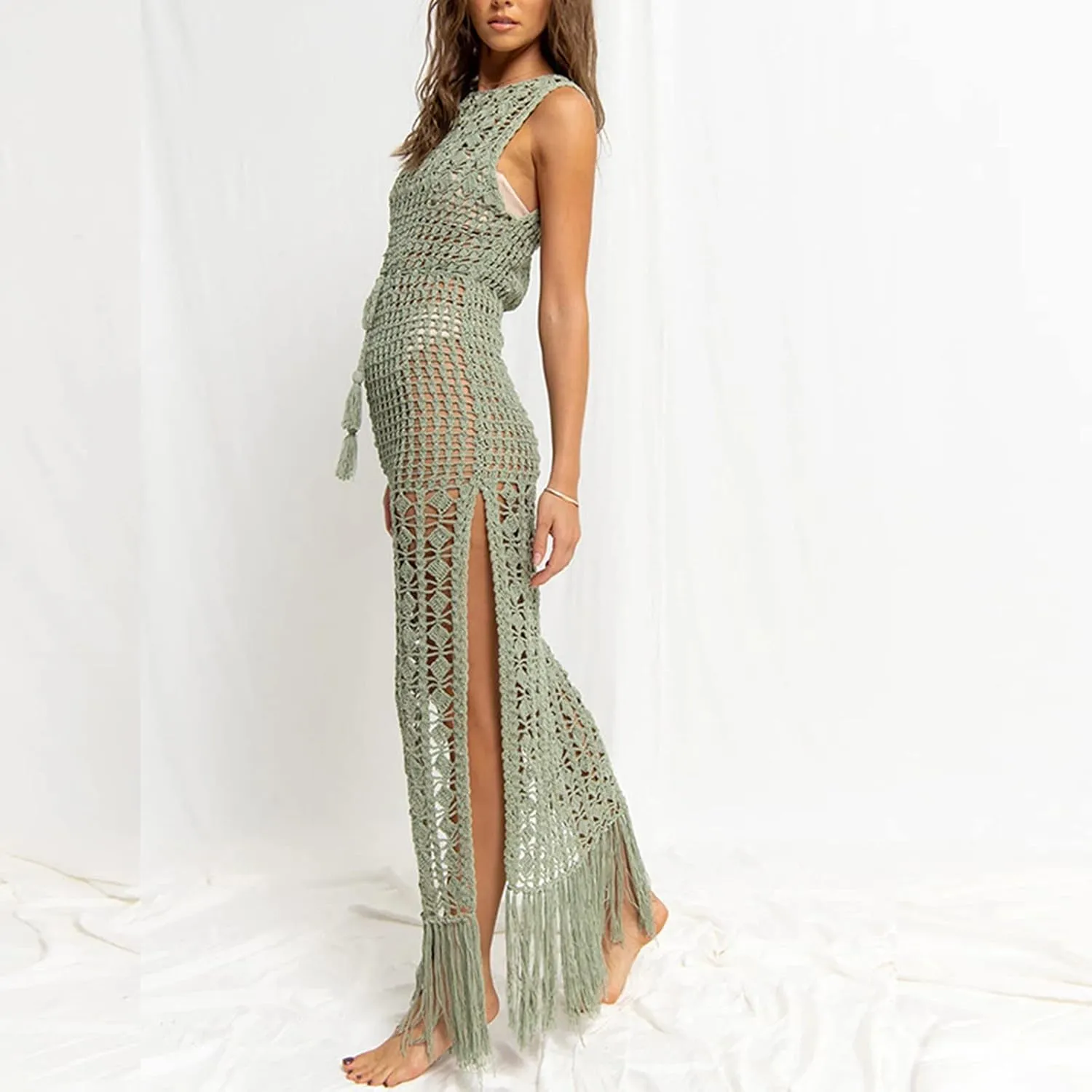 Women Crochet Knit Dress Hollow Out 2024 Boho Summer Bathing Suits Coverups Sexy V Neck Short Sleeve Dress