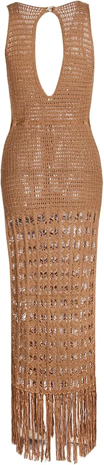 Women Crochet Knit Dress Hollow Out 2024 Boho Summer Bathing Suits Coverups Sexy V Neck Short Sleeve Dress