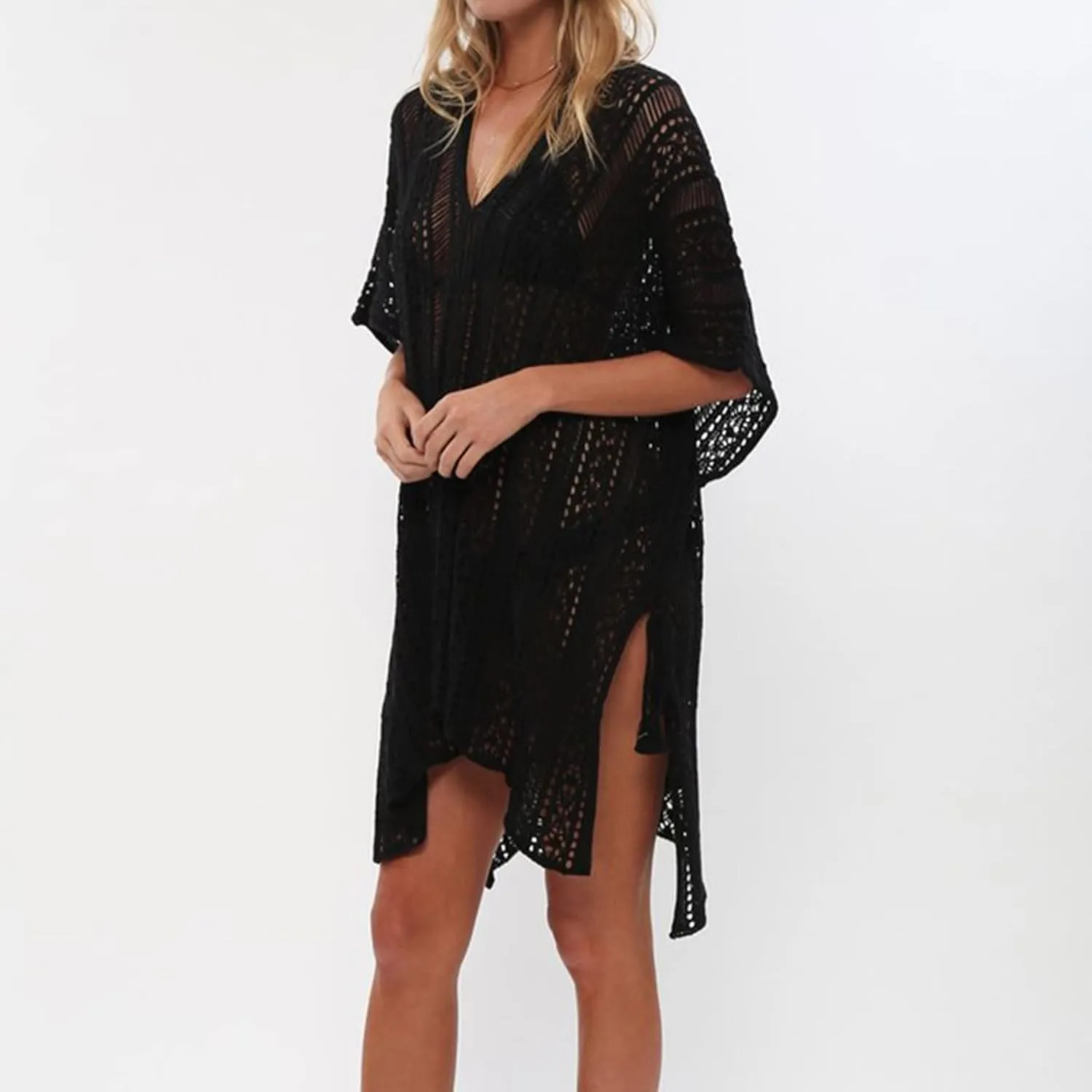 Women Crochet Knit Dress Hollow Out 2024 Boho Summer Bathing Suits Coverups Sexy V Neck Short Sleeve Dress