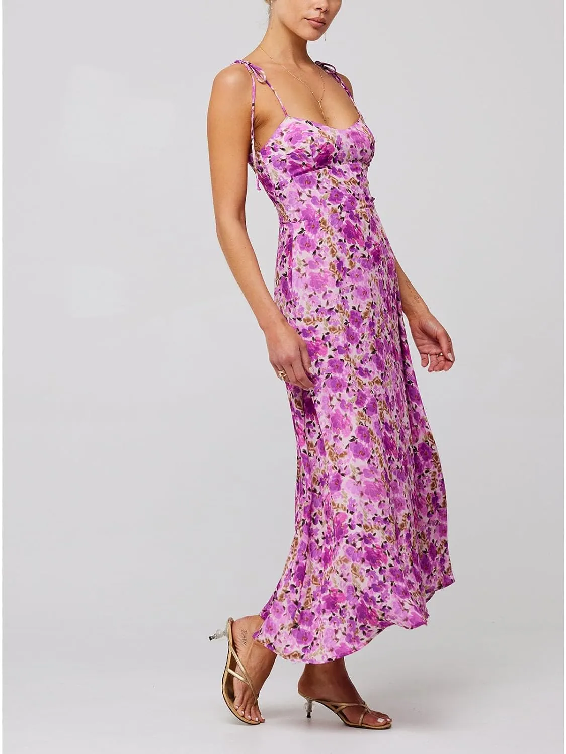 Women Floral Boho Maxi Dress Spaghetti Strap Hollow Out Cross Tie Front Sundress Flowy Smocked Beach Long Dress