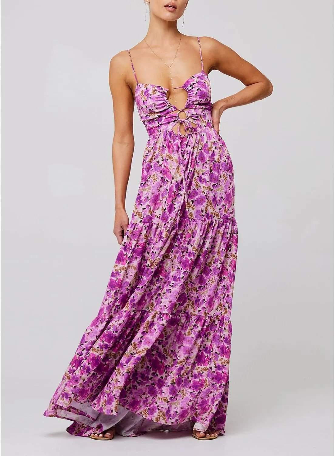 Women Floral Boho Maxi Dress Spaghetti Strap Hollow Out Cross Tie Front Sundress Flowy Smocked Beach Long Dress
