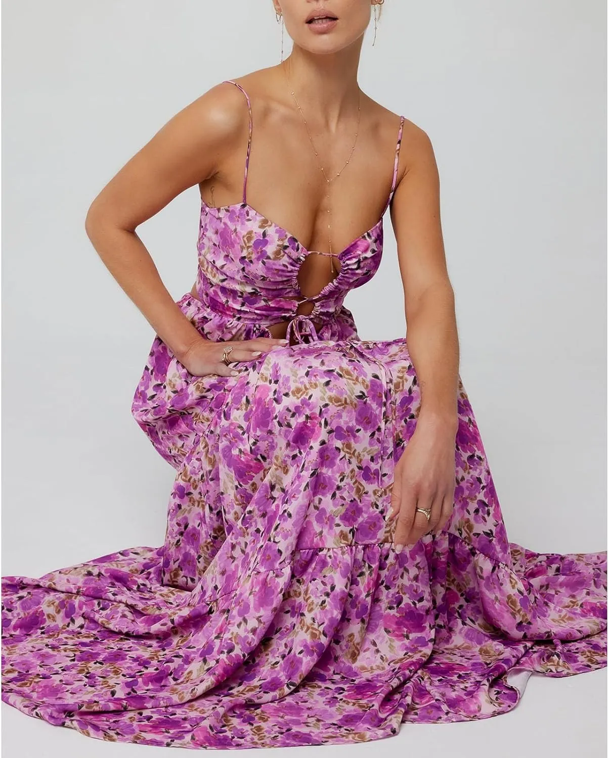 Women Floral Boho Maxi Dress Spaghetti Strap Hollow Out Cross Tie Front Sundress Flowy Smocked Beach Long Dress
