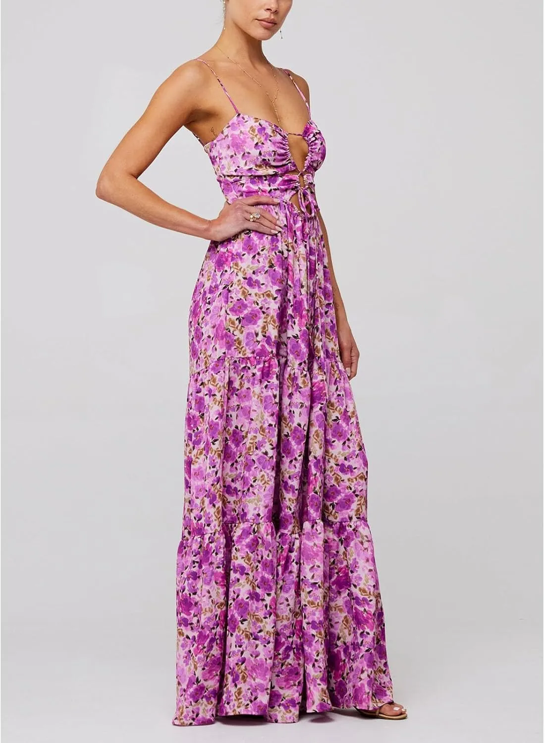 Women Floral Boho Maxi Dress Spaghetti Strap Hollow Out Cross Tie Front Sundress Flowy Smocked Beach Long Dress
