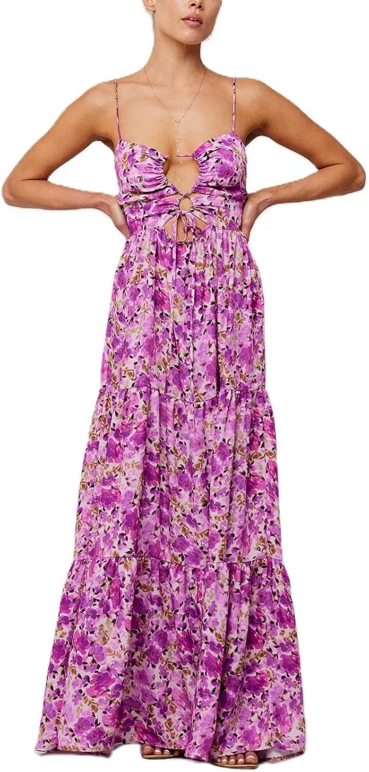 Women Floral Boho Maxi Dress Spaghetti Strap Hollow Out Cross Tie Front Sundress Flowy Smocked Beach Long Dress