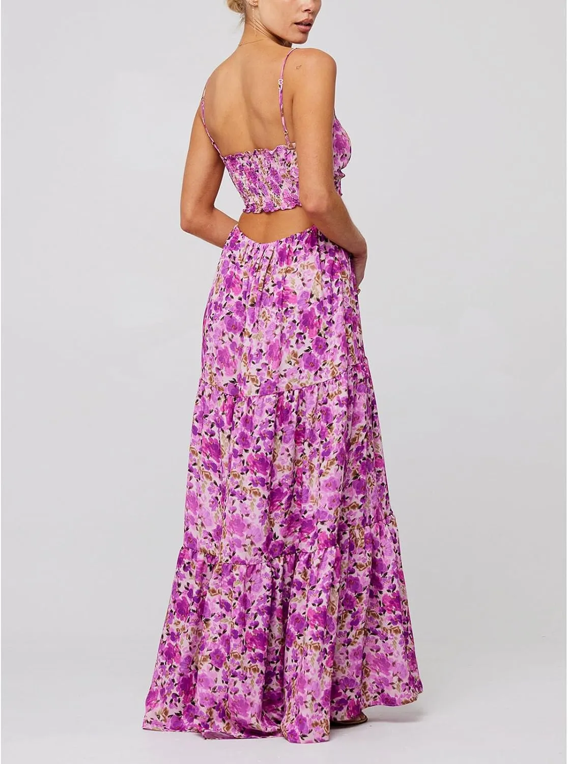 Women Floral Boho Maxi Dress Spaghetti Strap Hollow Out Cross Tie Front Sundress Flowy Smocked Beach Long Dress
