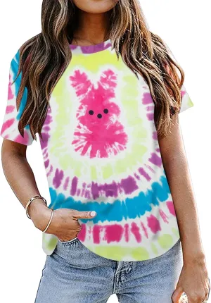 Women Happy Easter T Shirt Tie-Dyed Rabbit Graphic Shirts Funny Bunny Graphic Letter Printed Easter Tee Shirts