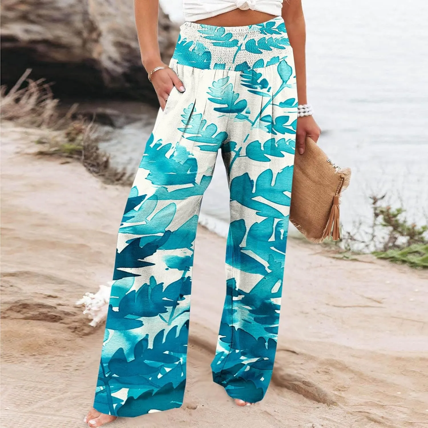 Women High Waisted Wide Leg Pants Fashion Graphic Linen Pants Summer Pants Casual Pants Trousers with Pockets