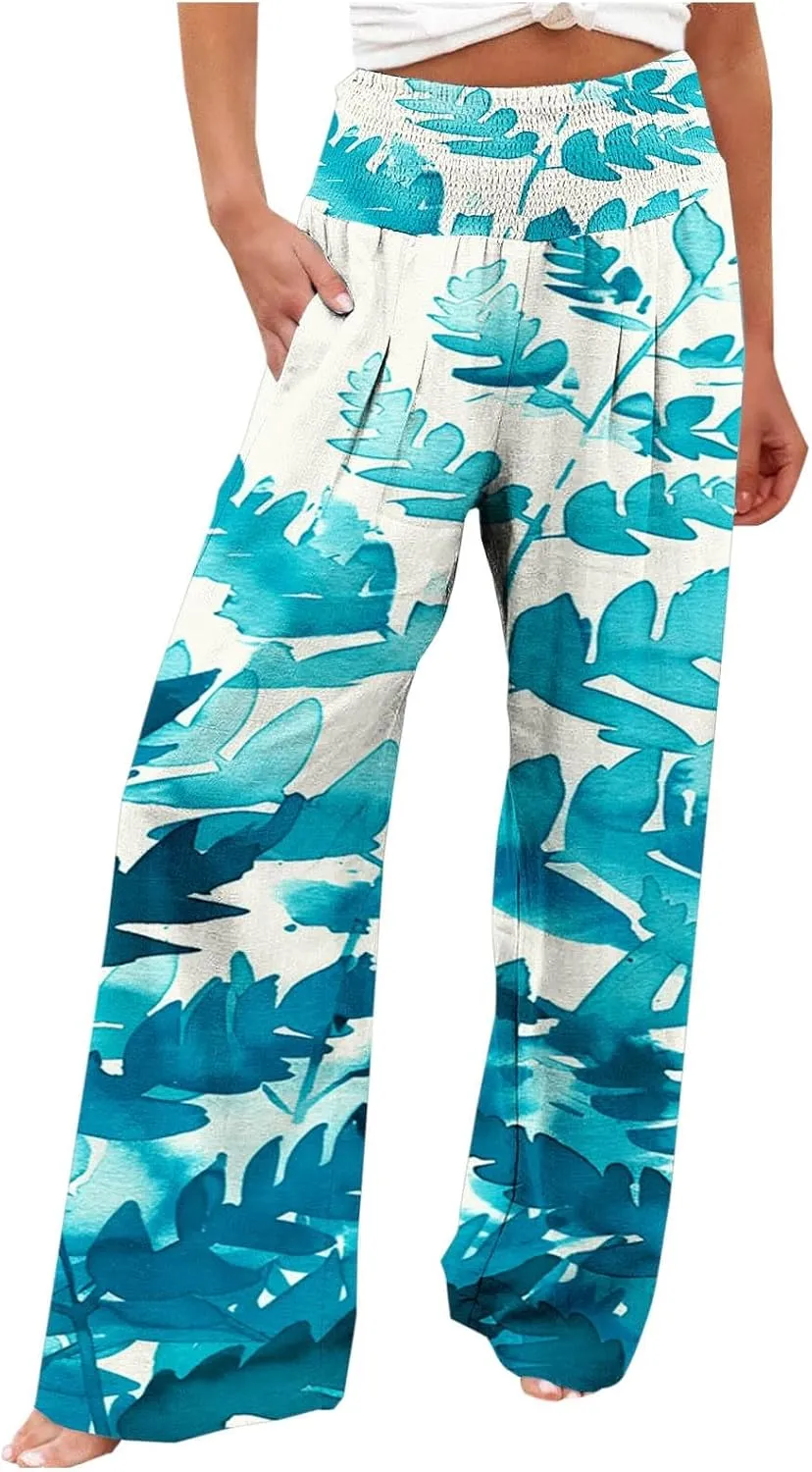 Women High Waisted Wide Leg Pants Fashion Graphic Linen Pants Summer Pants Casual Pants Trousers with Pockets
