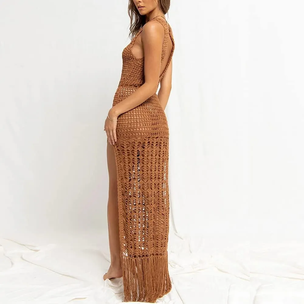 Women Sexy Hollow Out Mesh Tassle Skirts Beach Cover Up Crochet Summer Swimsuit Split Sheer Maxi Swimwear