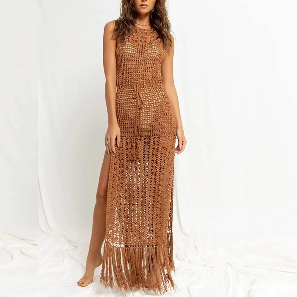 Women Sexy Hollow Out Mesh Tassle Skirts Beach Cover Up Crochet Summer Swimsuit Split Sheer Maxi Swimwear