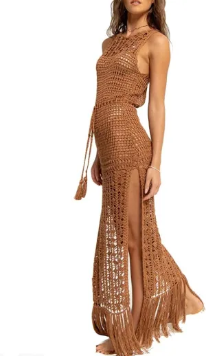 Women Sexy Hollow Out Mesh Tassle Skirts Beach Cover Up Crochet Summer Swimsuit Split Sheer Maxi Swimwear