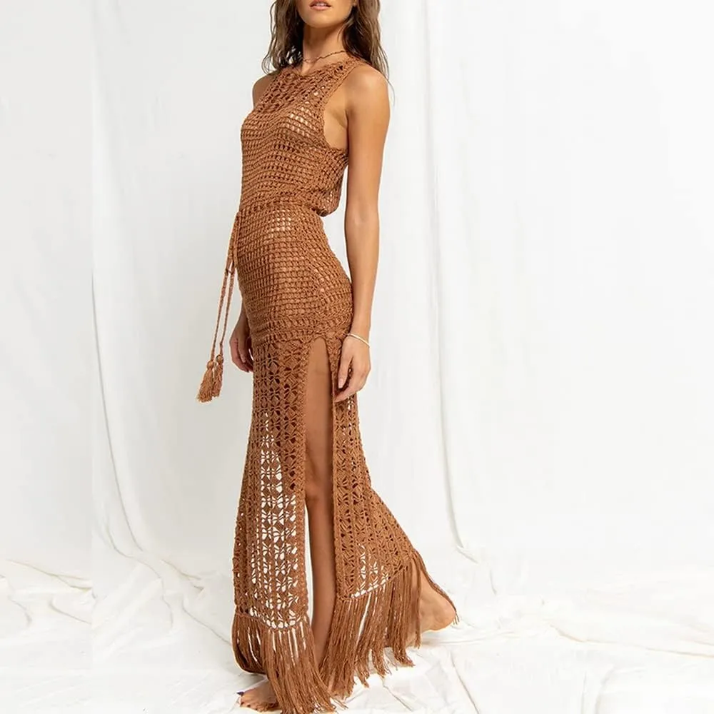 Women Sexy Hollow Out Mesh Tassle Skirts Beach Cover Up Crochet Summer Swimsuit Split Sheer Maxi Swimwear