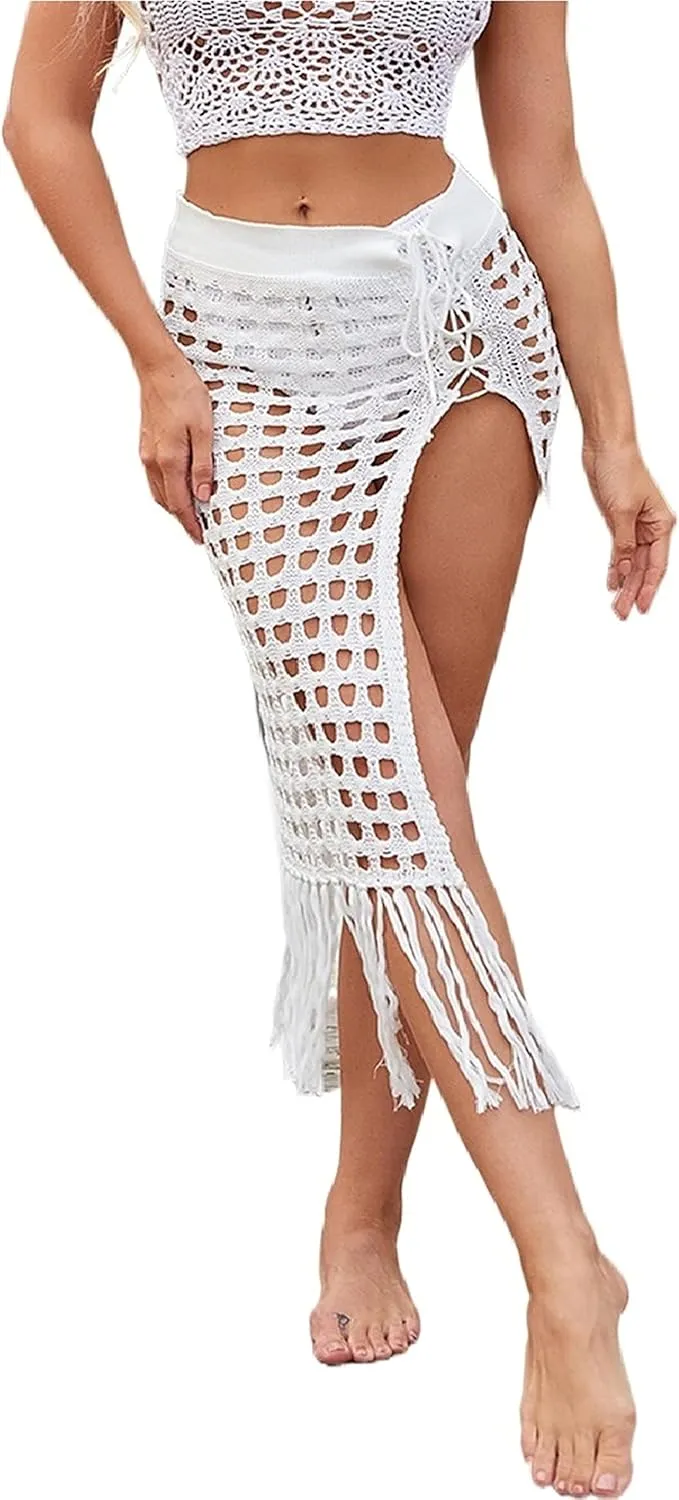 Women Sexy Hollow Out Mesh Tassle Skirts Beach Cover Up Summer Fish Net Swimsuit Wrap Sheer Maxi Sarong Swimwear