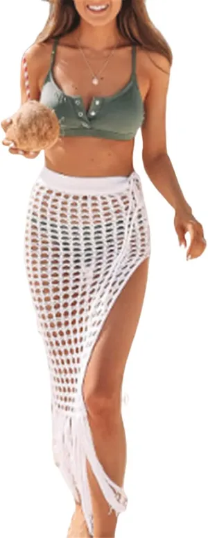 Women Sexy Hollow Out Mesh Tassle Skirts Beach Cover Up Summer Fish Net Swimsuit Wrap Sheer Maxi Sarong Swimwear