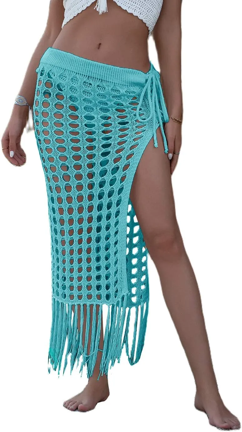 Women Sexy Hollow Out Mesh Tassle Skirts Beach Cover Up Summer Fish Net Swimsuit Wrap Sheer Maxi Sarong Swimwear