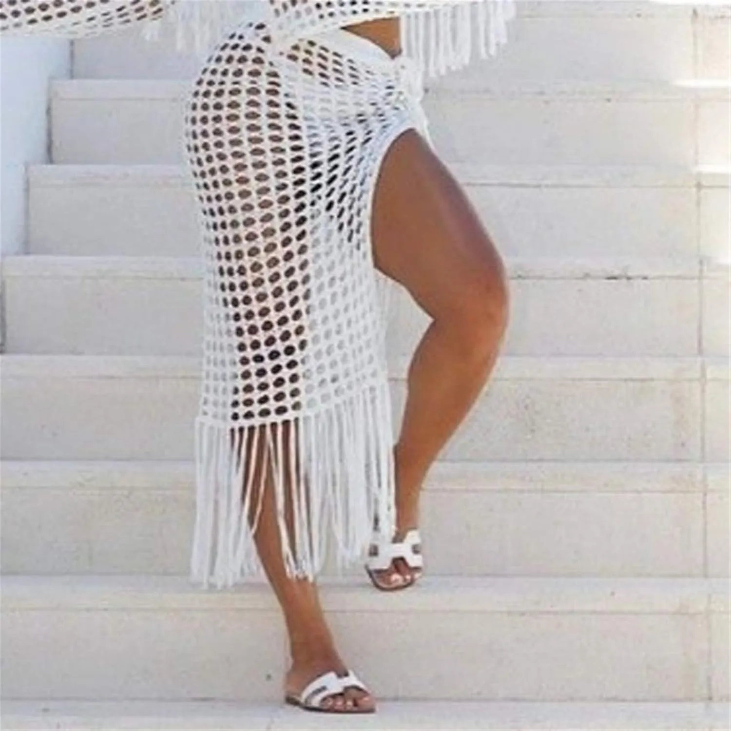 Women Sexy Hollow Out Mesh Tassle Skirts Beach Cover Up Summer Fish Net Swimsuit Wrap Sheer Maxi Sarong Swimwear