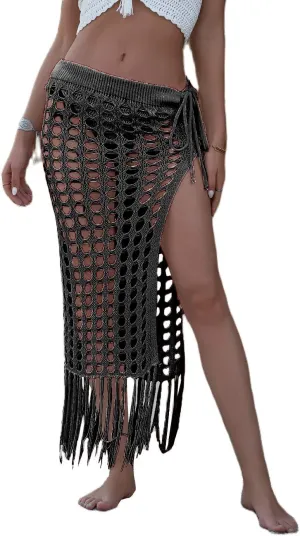 Women Sexy Hollow Out Mesh Tassle Skirts Beach Cover Up Summer Fish Net Swimsuit Wrap Sheer Maxi Sarong Swimwear