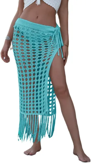 Women Sexy Hollow Out Mesh Tassle Skirts Beach Cover Up Summer Fish Net Swimsuit Wrap Sheer Maxi Sarong Swimwear