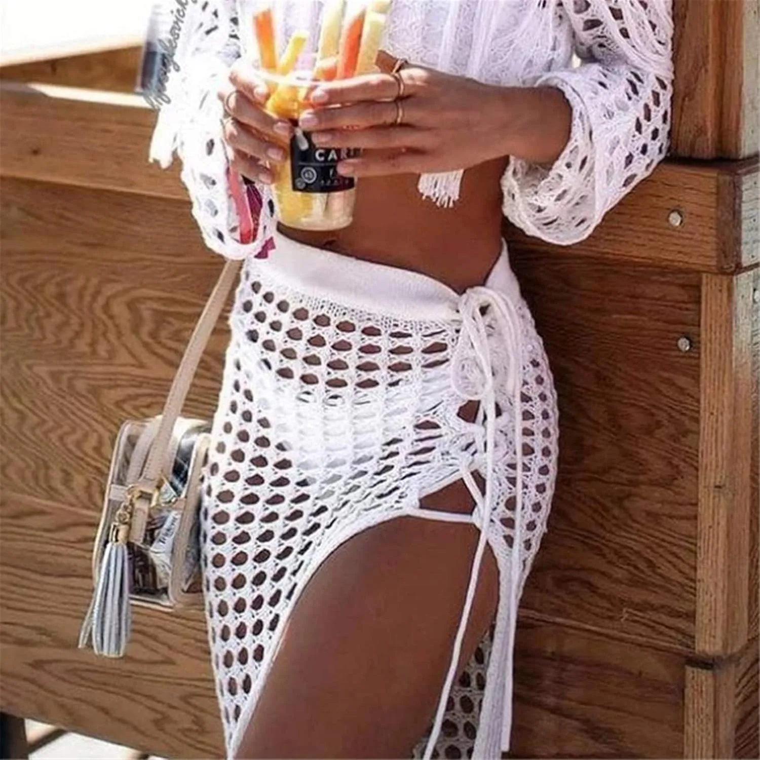 Women Sexy Hollow Out Mesh Tassle Skirts Beach Cover Up Summer Fish Net Swimsuit Wrap Sheer Maxi Sarong Swimwear