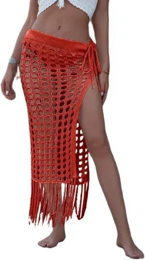 Women Sexy Hollow Out Mesh Tassle Skirts Beach Cover Up Summer Fish Net Swimsuit Wrap Sheer Maxi Sarong Swimwear