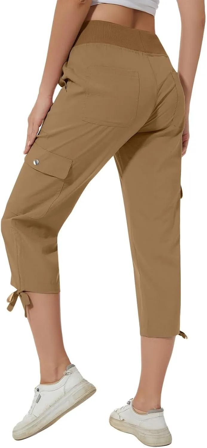 Women Straight Leg Cargo Capri Pant Summer Lace-Up Ruched Side Hiking Pants Elastic High Waist Casual Crop Travel Trousers