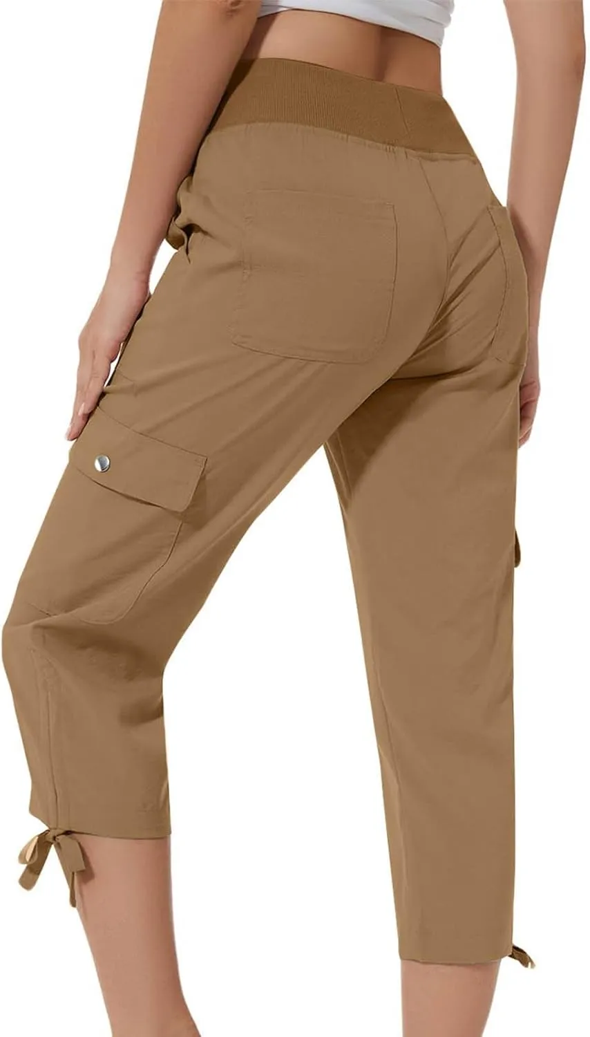 Women Straight Leg Cargo Capri Pant Summer Lace-Up Ruched Side Hiking Pants Elastic High Waist Casual Crop Travel Trousers