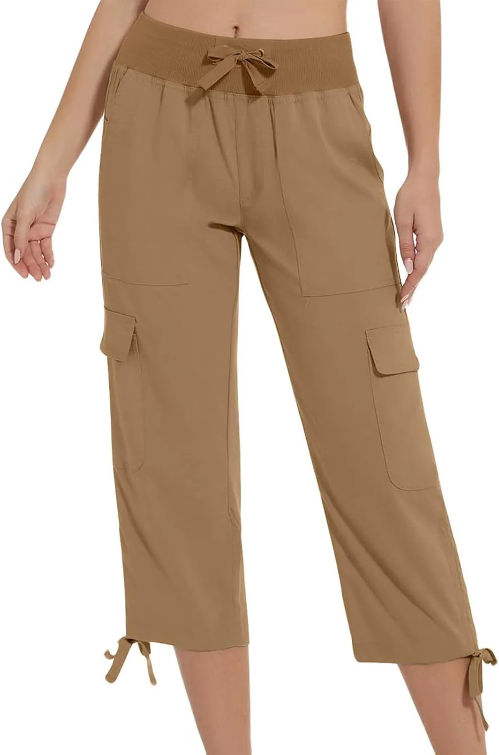 Women Straight Leg Cargo Capri Pant Summer Lace-Up Ruched Side Hiking Pants Elastic High Waist Casual Crop Travel Trousers