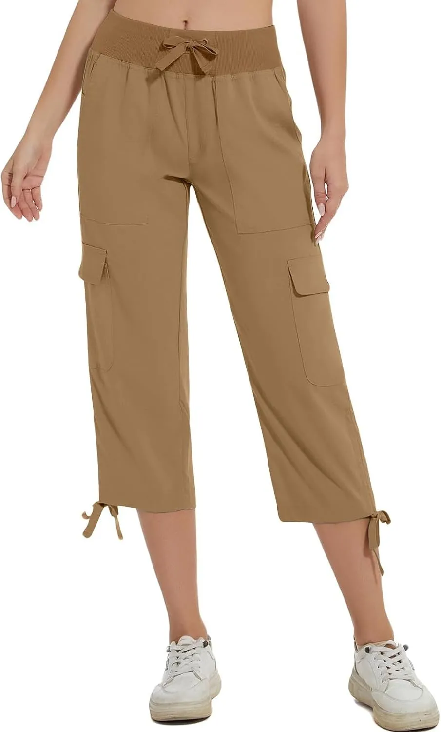 Women Straight Leg Cargo Capri Pant Summer Lace-Up Ruched Side Hiking Pants Elastic High Waist Casual Crop Travel Trousers