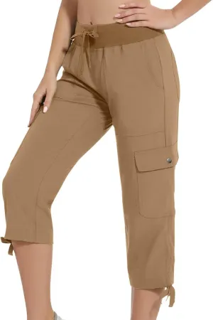 Women Straight Leg Cargo Capri Pant Summer Lace-Up Ruched Side Hiking Pants Elastic High Waist Casual Crop Travel Trousers