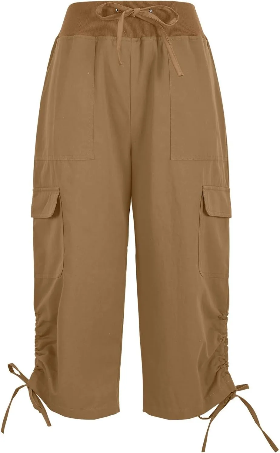 Women Straight Leg Cargo Capri Pant Summer Lace-Up Ruched Side Hiking Pants Elastic High Waist Casual Crop Travel Trousers