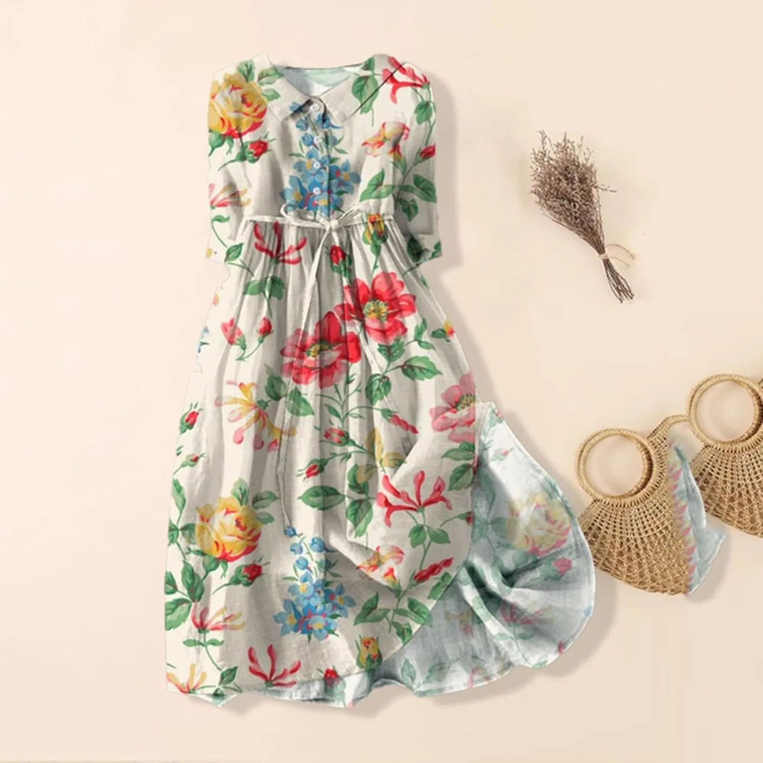 Women Summer Dress Casual 2025 Trendy Lace Up Long Sundress Button Boho Sun Dresses Vacation Beach Flowy Dress
