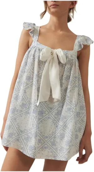 Women Summer Mini Dress Bow Print Ruffle Strap Mini Dress Cute Square Neck Loose A-Line Beach Babydoll Sundress