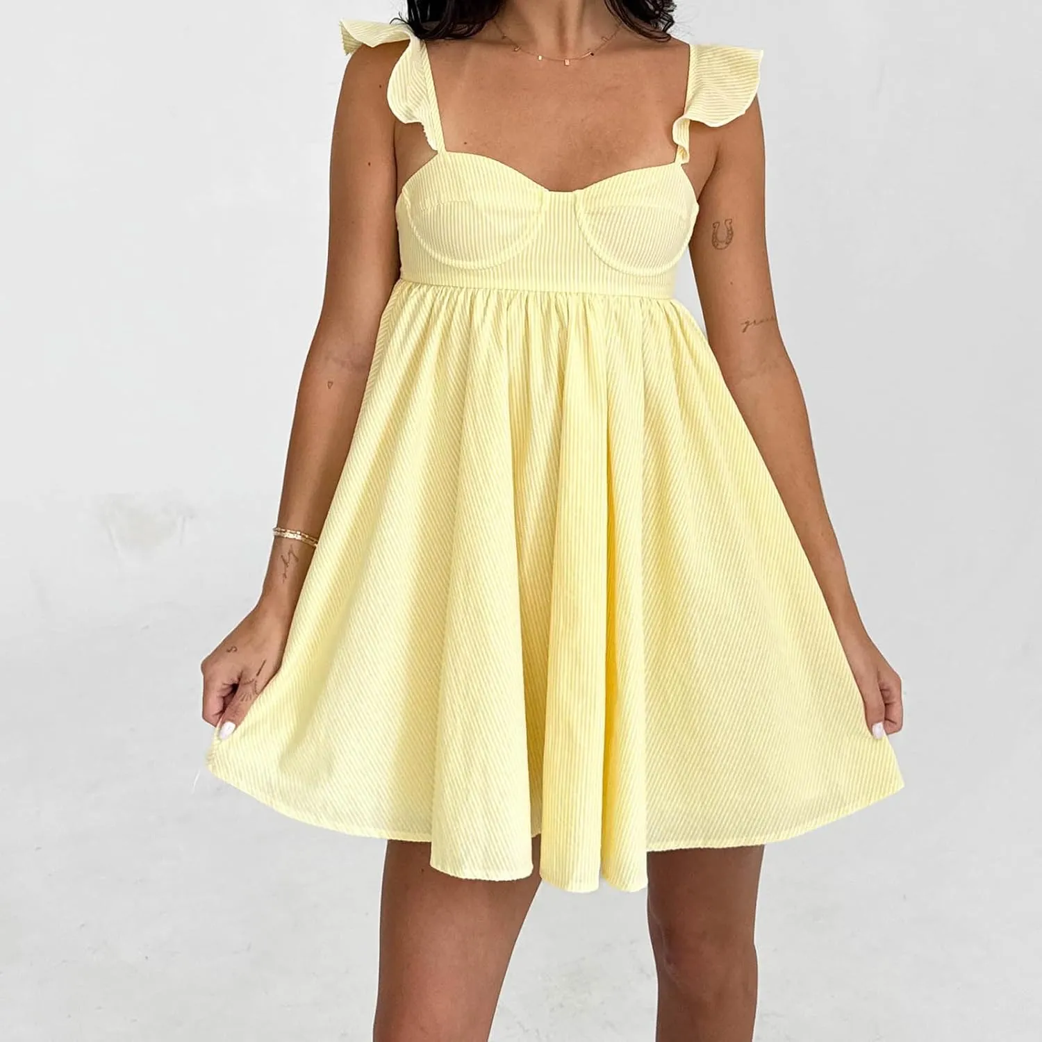 Women Summer Mini Dress Bow Print Ruffle Strap Mini Dress Cute Square Neck Loose A-Line Beach Babydoll Sundress