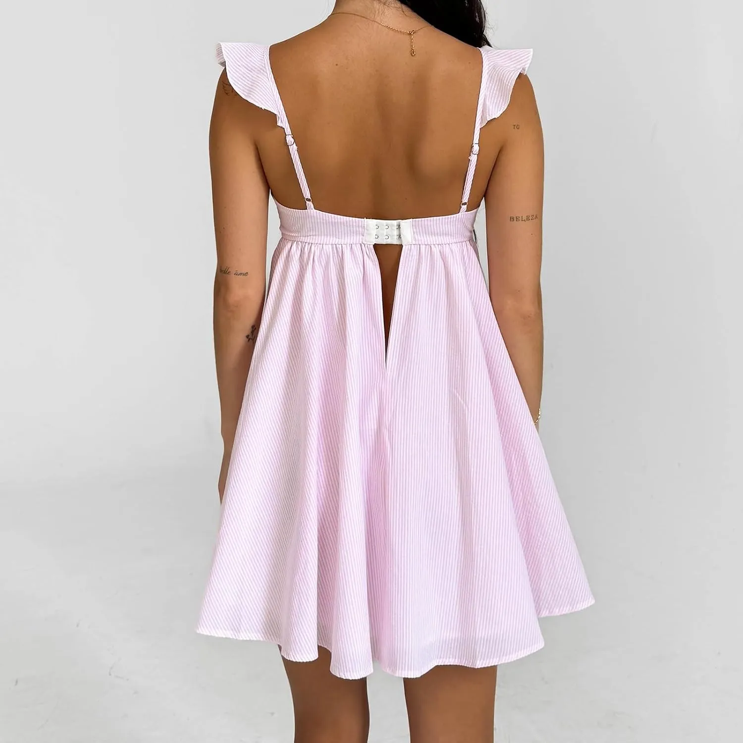 Women Summer Mini Dress Bow Print Ruffle Strap Mini Dress Cute Square Neck Loose A-Line Beach Babydoll Sundress