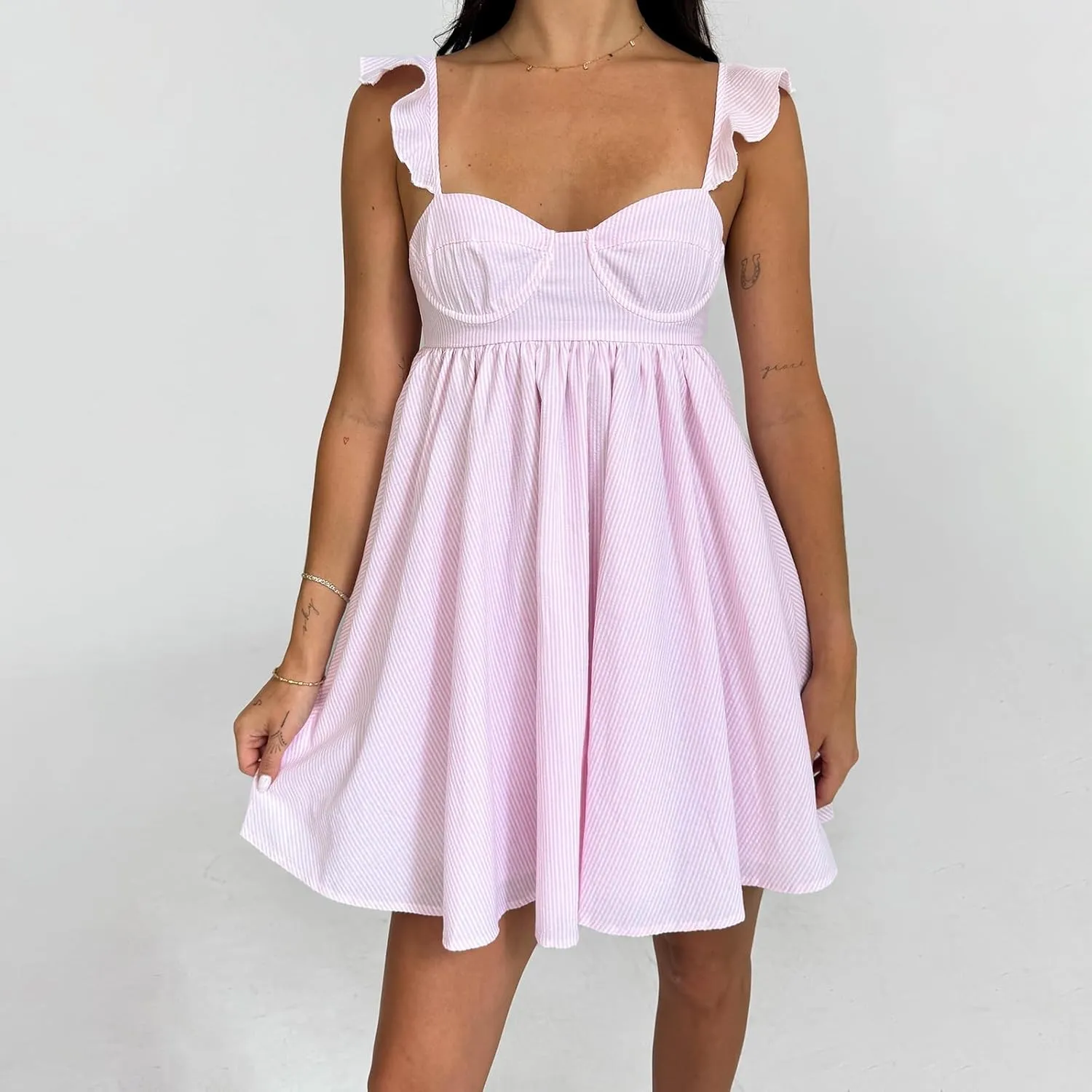 Women Summer Mini Dress Bow Print Ruffle Strap Mini Dress Cute Square Neck Loose A-Line Beach Babydoll Sundress