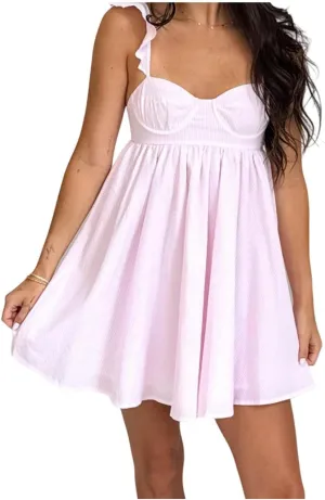 Women Summer Mini Dress Bow Print Ruffle Strap Mini Dress Cute Square Neck Loose A-Line Beach Babydoll Sundress