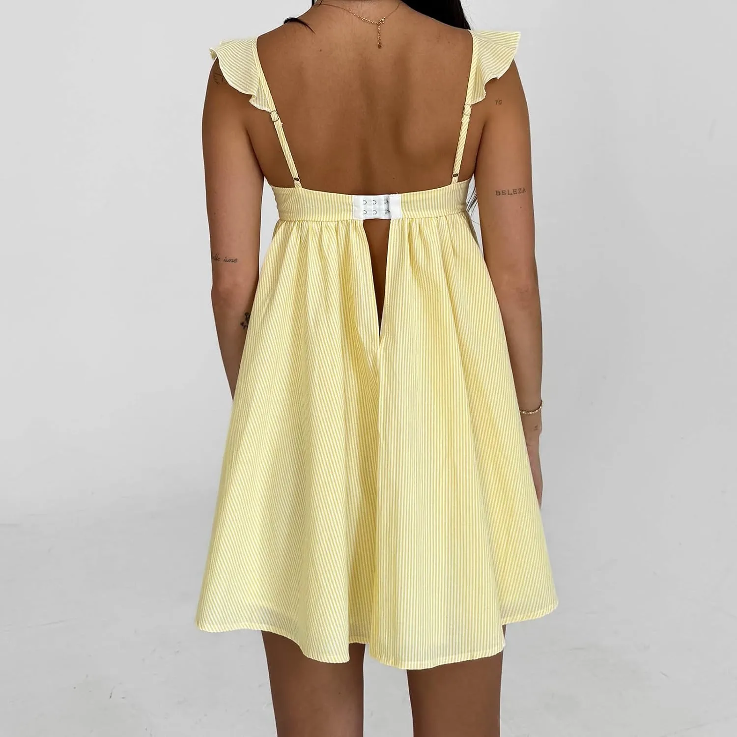 Women Summer Mini Dress Bow Print Ruffle Strap Mini Dress Cute Square Neck Loose A-Line Beach Babydoll Sundress