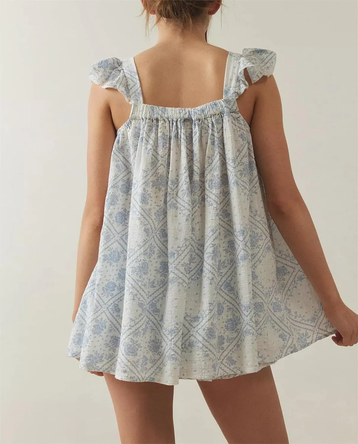 Women Summer Mini Dress Bow Print Ruffle Strap Mini Dress Cute Square Neck Loose A-Line Beach Babydoll Sundress