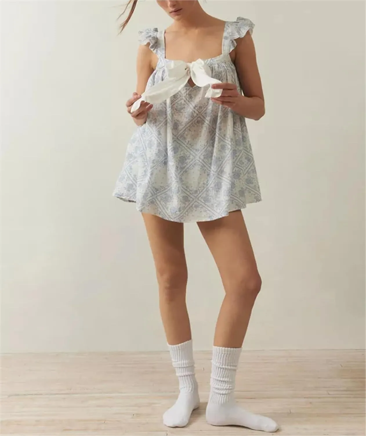Women Summer Mini Dress Bow Print Ruffle Strap Mini Dress Cute Square Neck Loose A-Line Beach Babydoll Sundress